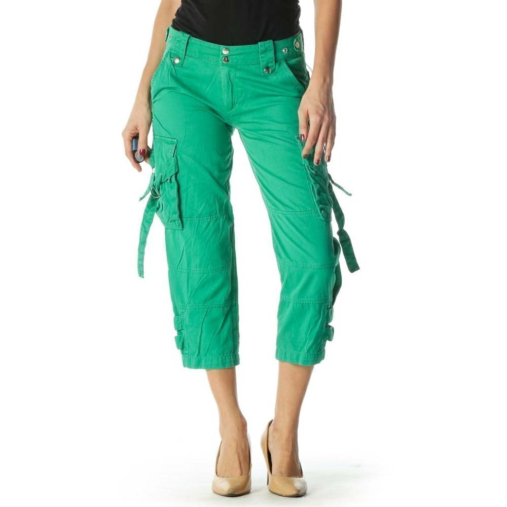 Skeletal Green Snap Buttons Pocketed Cropped Pants - Picture 1 of 3